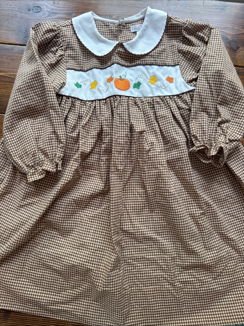2T Girls Brown Gingham Pumpkin Smocked Dress